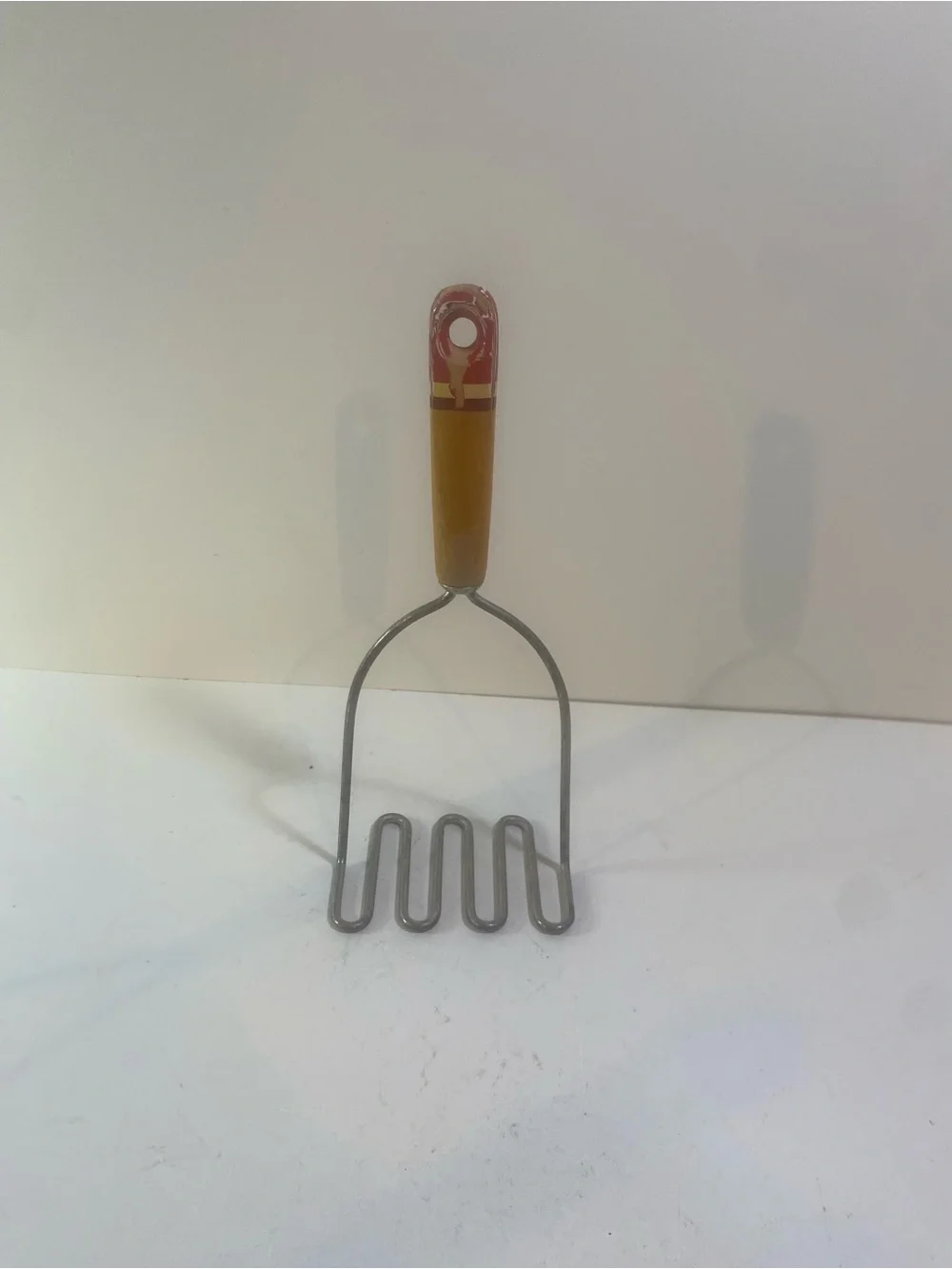 Vintage Wooden Striped Handle Potato Masher Chips On Paint